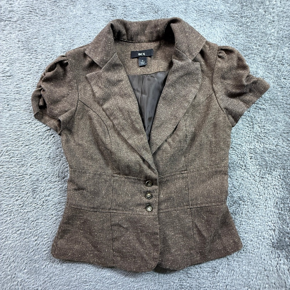 BCX Womens Brown Woven Short Sleeve Shirt Jacket Y2K Peplum Blazer Size S